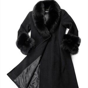Vintage Marvin Richards Wool Cashmere Coat Blue Fox Fur Trim Black 16 Long